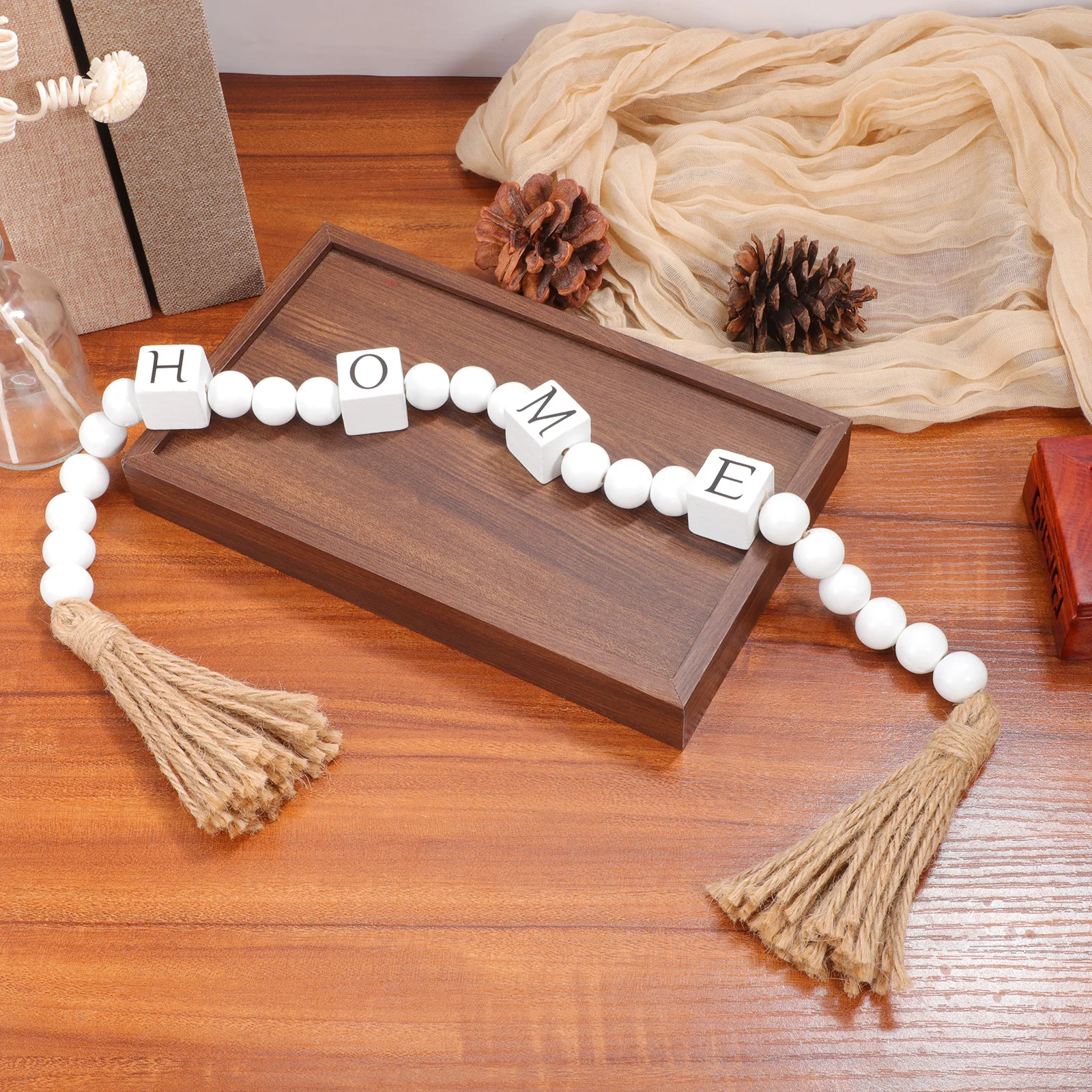 

Twine Tassel Beads Garland Decorative Wooden String Hanging Ornaments Wall Decor Farmhouse Rustic Boho Style Holiday