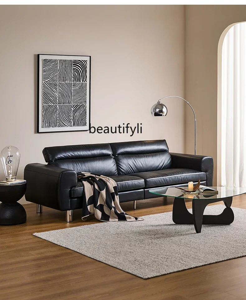 YH Italian Minimalist Genuine Cattlehide Leather Surface Straight Row Sofa   Light Luxury Multi-Person Leather Sofa