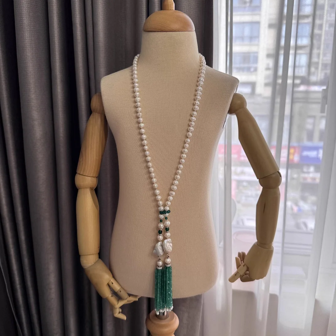 Natural Freshwater Pearl With Baroque Beaded And Green Jade Tassel Pendant Long Sweater  Necklace