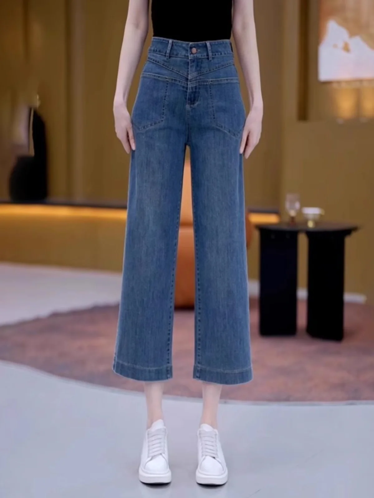 High Waist Wide Leg Jeans Women's Summer Thin New Sle Loose Straight Cut Pants Deep Blue Color Eighteen Length Denim Fabric