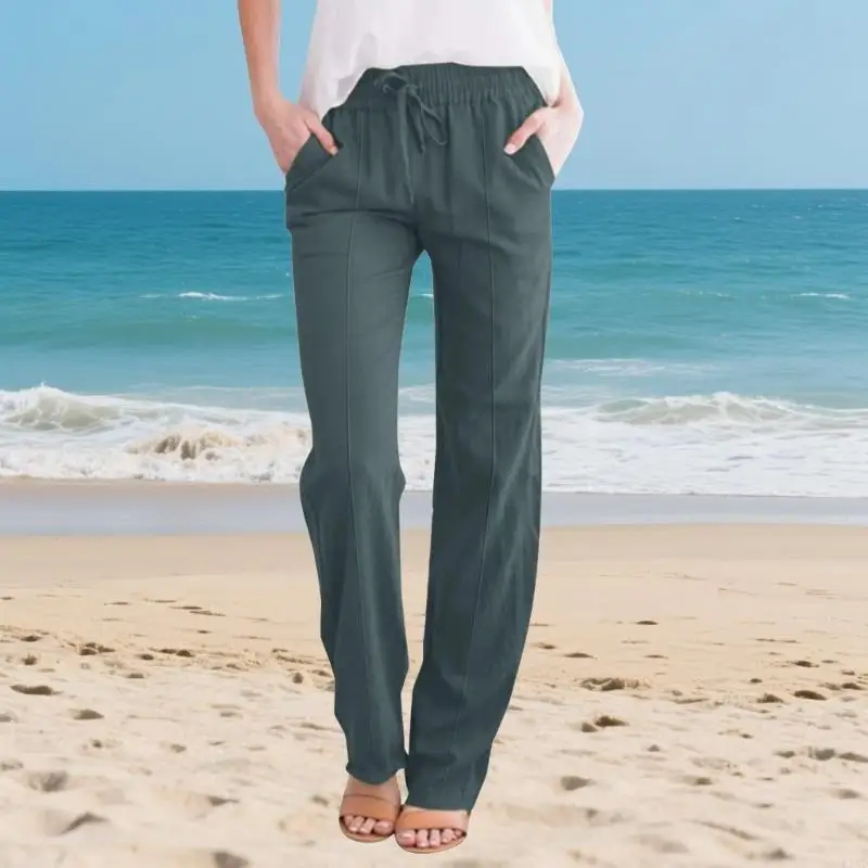 Pantalon en lin coton pour femmes, ample, taille élastique, décontracté, avec poche, F3MD