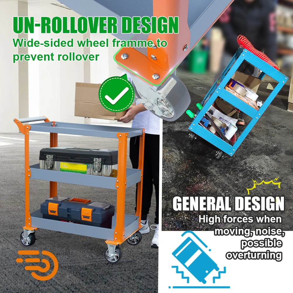 HPDMC Utility Service Cart 3-Shelf 1000LBS Heavy Duty Plastic Rolling Utility Cart with with Wheels for Warehouse/Garage