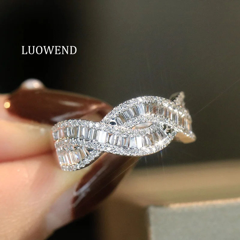 LUOWEND 100% 18K White Gold Rings Fashion Wave Shape 0.60carat Real Natural Diamond Engagement Ring for Women Fine Jewelry