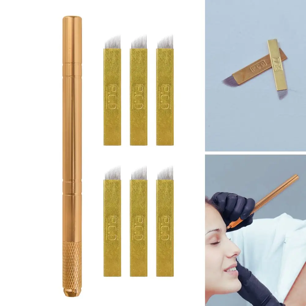 Professional 3D Microblading Pen Manual for Eyebrow Tattoo Permanent Makeup Kit with Golden Tebori Pen-5pcs 12pcd Blades