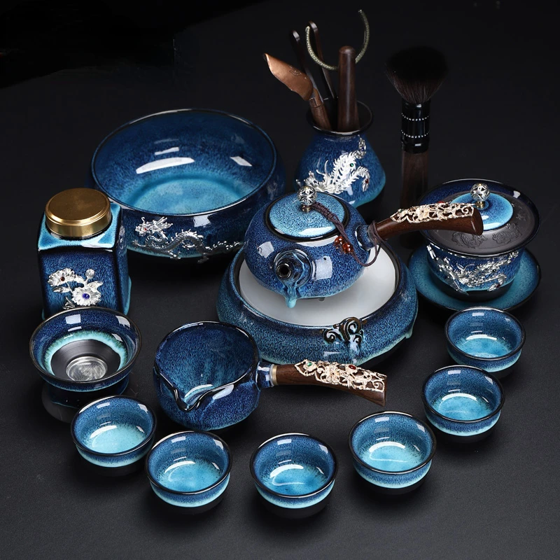 Office built tea set household Kungfu inlaid silver dragon side handle pot ceramic teacup teapot cover bowl