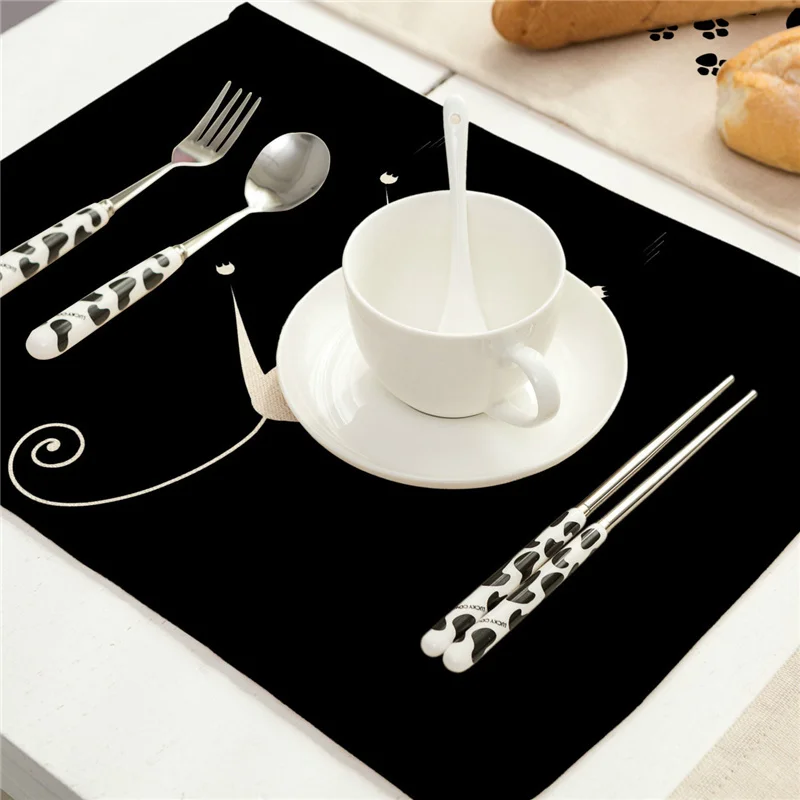 Mantel Individual con estampado de gato negro, alfombrilla occidental para mesa de comedor, posavasos para bebidas, algodón y lino, decoración del hogar, 40x30cm