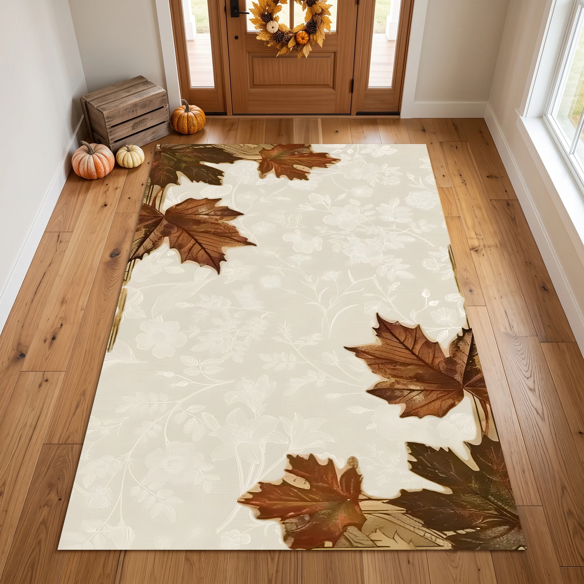 Caramel Maple Leaf Off-White Patterned Vintage-Style Autumn/Winter Velvet Rug, Suitable for Living Room, Bedroom, and Bedside, Creating a Warm and Cozy Autumn Harvest Atmosphere at Home