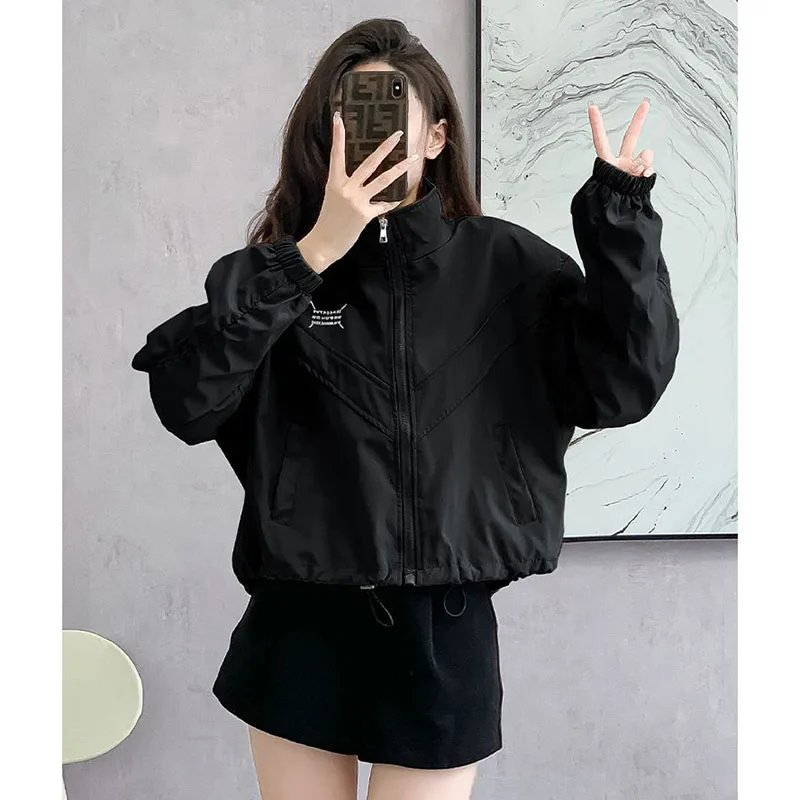 2026 Spring Autumn Female Petite Loose Cinched Waist Short Casual Women's New Trend Fashion Stand Up Collar Top