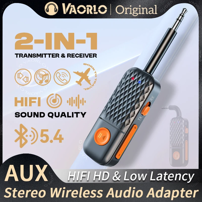 업그레이드된 블루투스 5.4 AUX 송수신기 3.5MM 마이크 내장 HiFi 스테레오 음악 무선 오디오 어댑터 (TV, PC, 비행기, 자동차용)