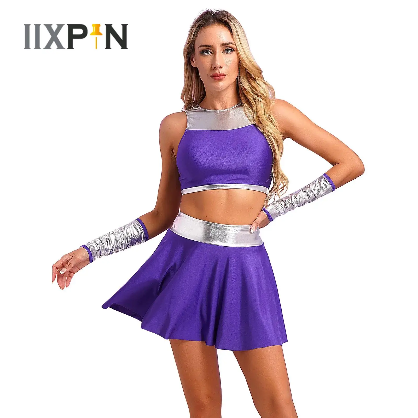 

Hot Anime Princess Cosplay Costume Women Halloween Party Metallic Sleeveless Crop Top+Gloves+Miniskirt Suit Cheerleading Uniform