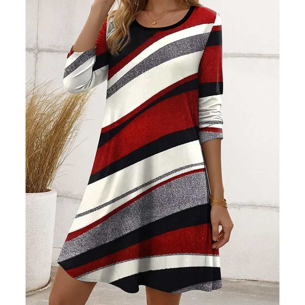 

Dress For Ladies For Church Geometric Print Fashionable Casual O-Neck Long Sleeved For Versatile Skirt For Woman Party Wedding