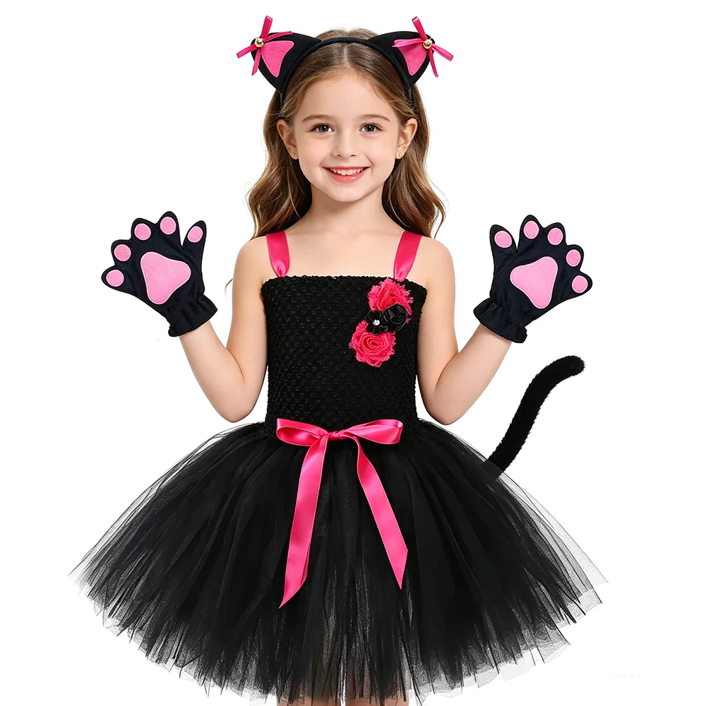 Black Cat Tutu Dress for Little Girls kitten Costume Kids Halloween Birthday Outfit with Ears Bow Tail Children Animal Clothes