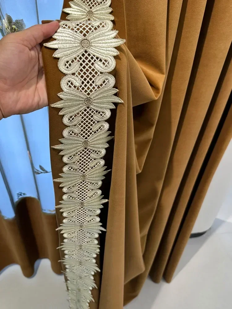 Chinese Caramel Embroidery Window Screen Velvet Thickened Lace Stitching Blackout Curtains For Living Room Bedroom French Window