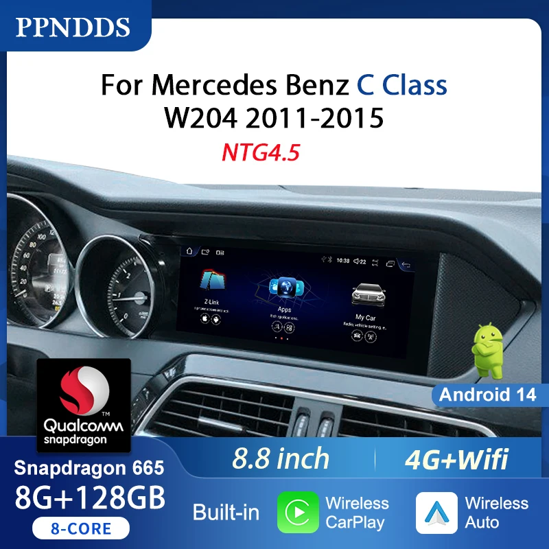 PPNDDS Android 14 Auto Radio Carplay Touch Screen For Mercedes C Class W204 2011-2015 Car Stereo Player WIFI Head Unit GPS Navi