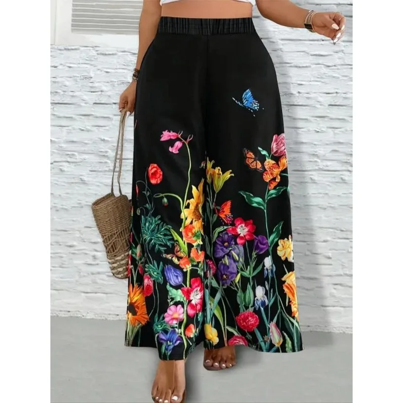 

Plus Size1XL-5XL Women's Floral Print Wide Leg Pants Casual High Waist Loose-Fitting Trousers Comfortable Fashion for Daily Wear