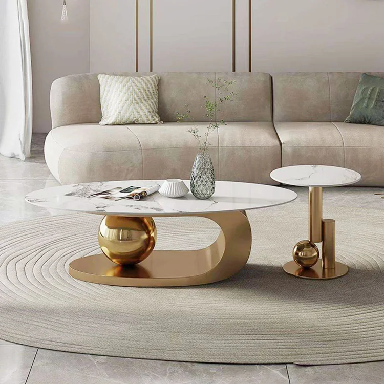 ！@Modern Luxury Gold Couchtisch Sintered Stone Oval Coffee Table Set Living Room Marble Coffes Table