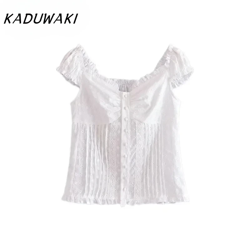 KADUWAKI Vintage One Line Collar Wooden Ear Edge Bubble Sleeve Small Shirt Women's Single Breasted Embroidered Spicy Girl Tanks