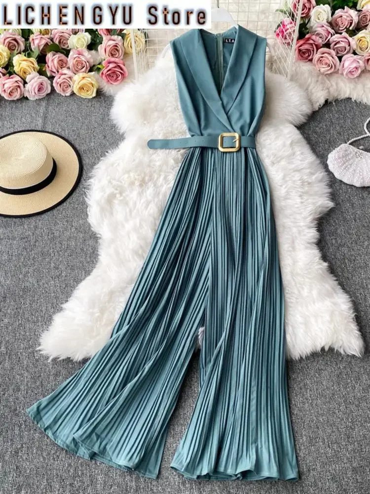Sweet Women Jumpsuits Pleated High Waist Notched One-piece Fashion Flared Wide Leg Pants Spring Summer