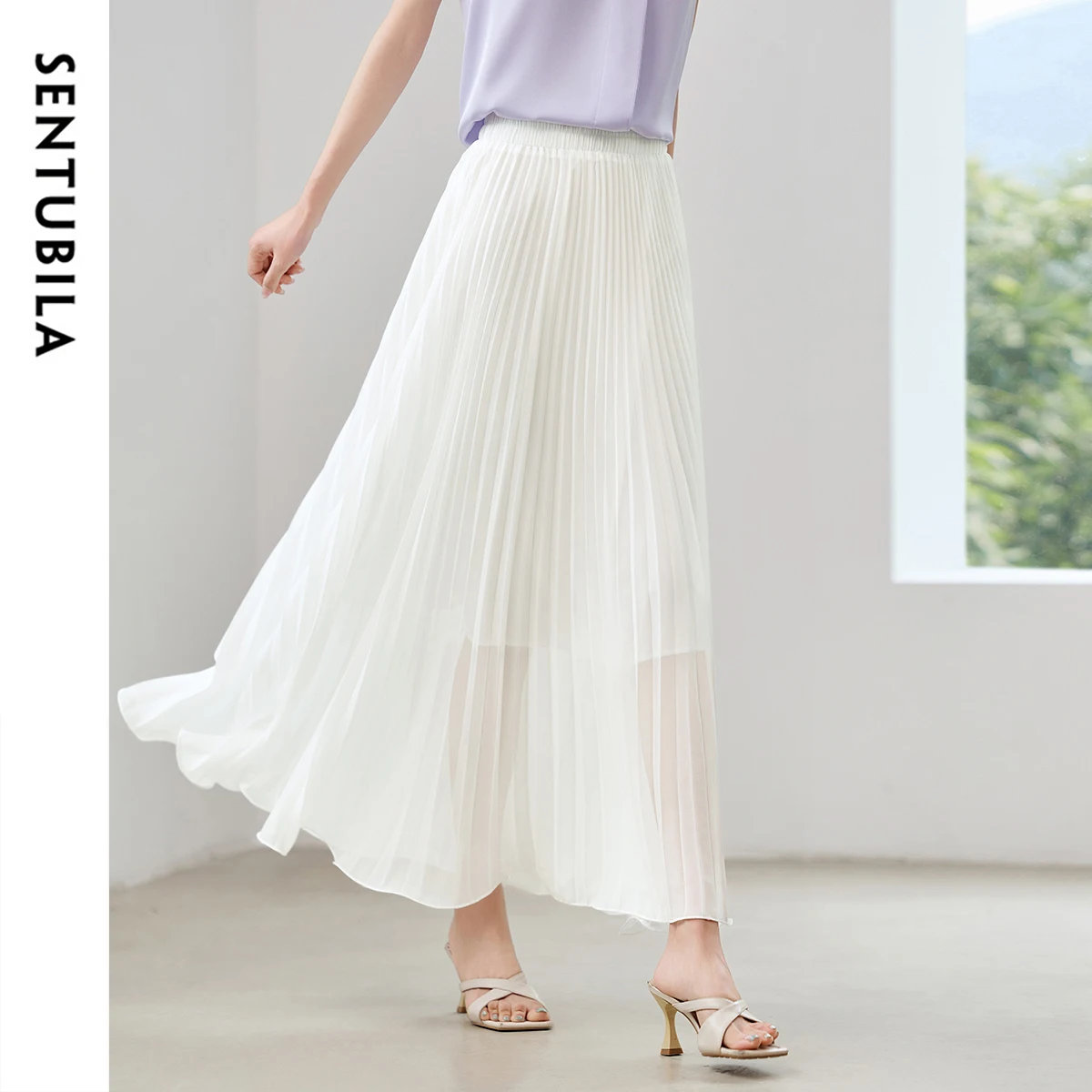 

SENTUBILA Women Long Skirt 2025 Summer A-Line Skirts Commuting High Waist Pleated Design Elegance Vacation Style Thin W52QA1825