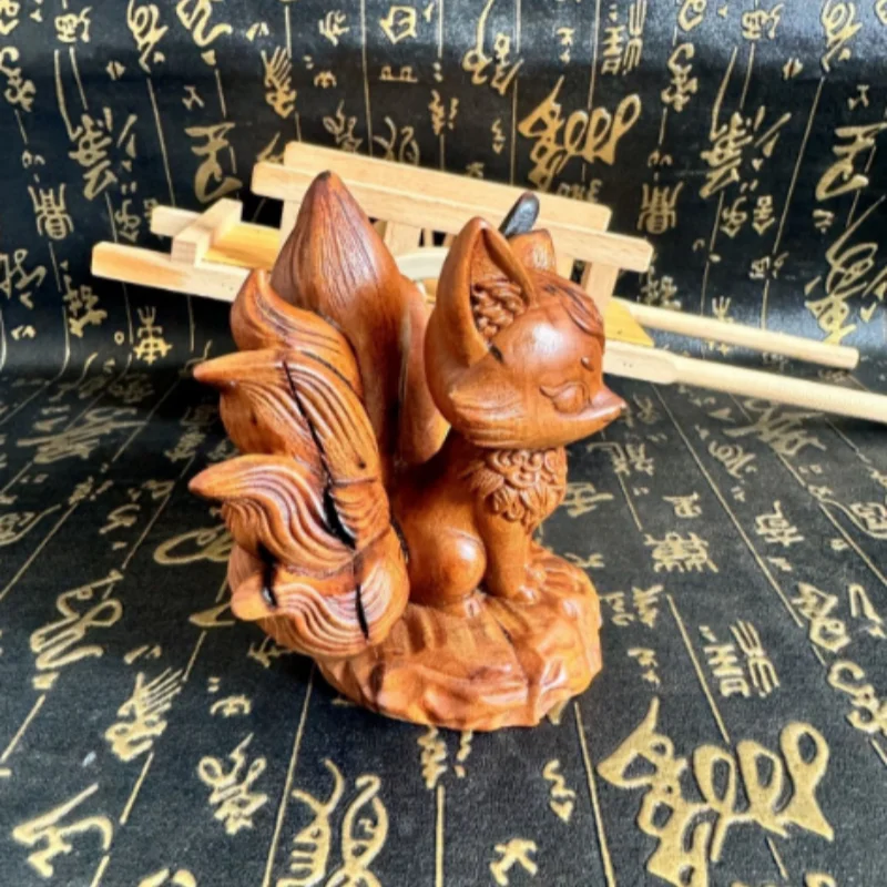 Natural Lightning-Struck Jujube Wood Nine-Tailed Fox Statue - Taoist Ritual Handheld Piece & Home Desktop Display