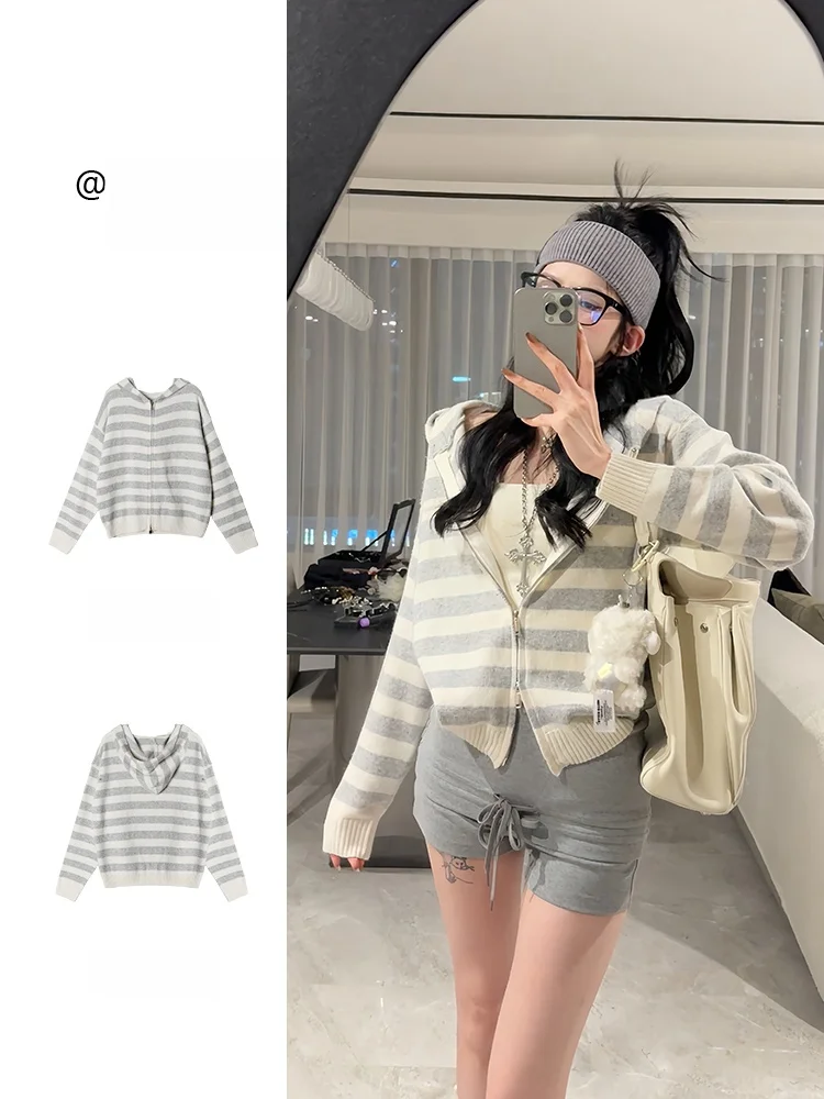 

Женский вязаный кардиган на молнии с капюшоном в полоску, повседневная верхняя одежда для весны и лета, легкий, с длинными рукавами, Ciwalk Jaet