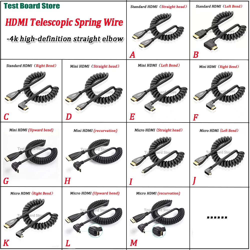 1Pcs HDMI to Mini HDMI Cable, Micro Adapter Cable, HDMI Elbow Telescopic Spring Cable, 2M 4K High-Definition Camera SLR
