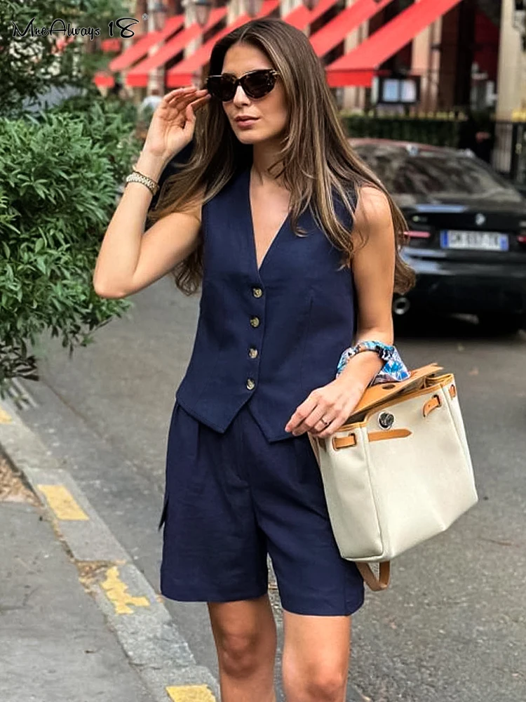 Mnealways18 Navy Blue Cotton Linen Shorts Suits 2 Pieces Casual Sets Women Blazers Vest And Pockets Shorts Summer 2024 Two Piece