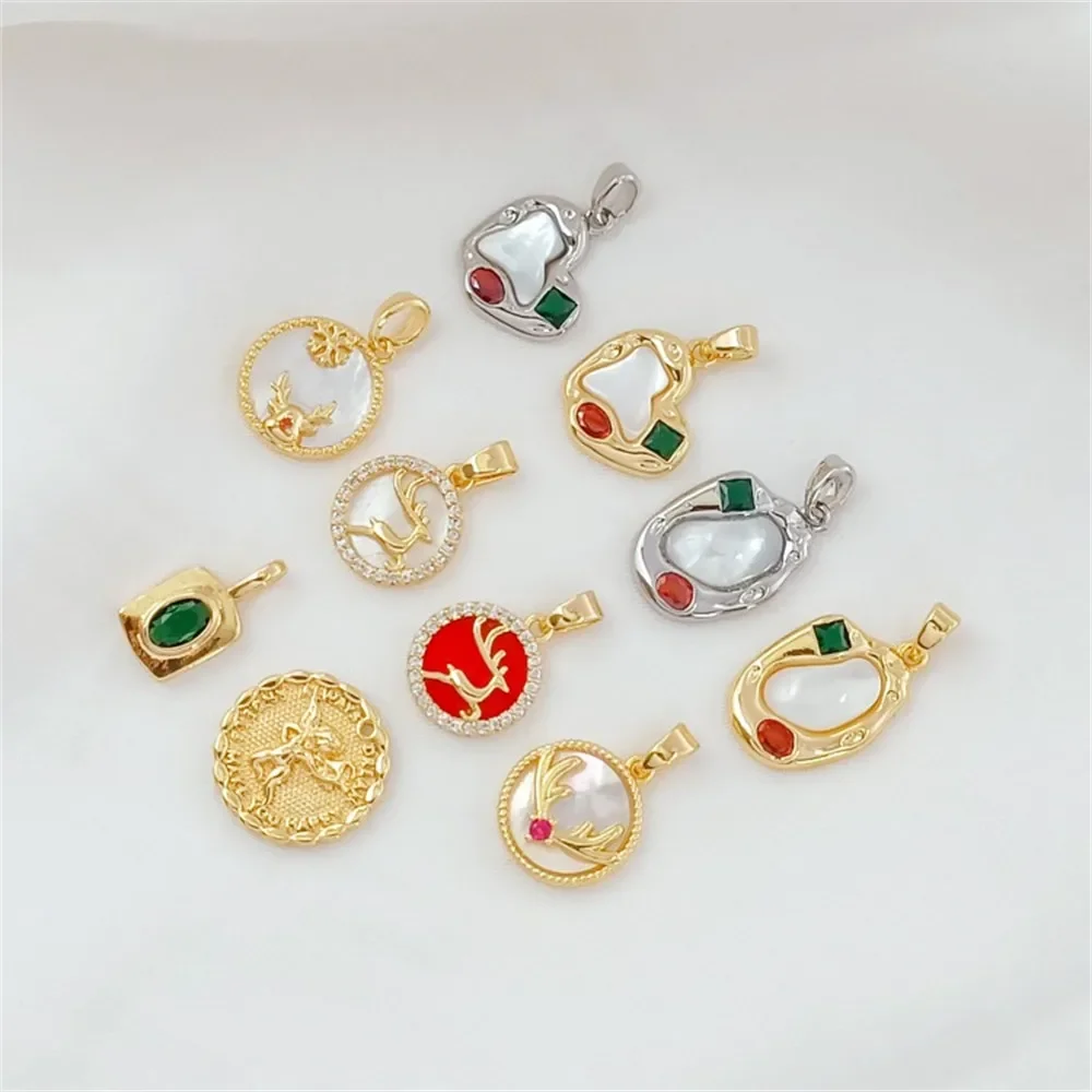 

14K Gold-plated Micro-inlaid Zircon and Mother-of-pearl Christmas Deer Heart Irregular Handmade DIY Jewelry Pendant