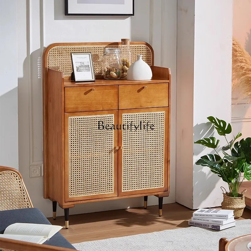 

Wabi Sansan Japanese Rattan Solid Wood Dining Side Cabinet Log Wind Living Room Locker Shoe Cabinet