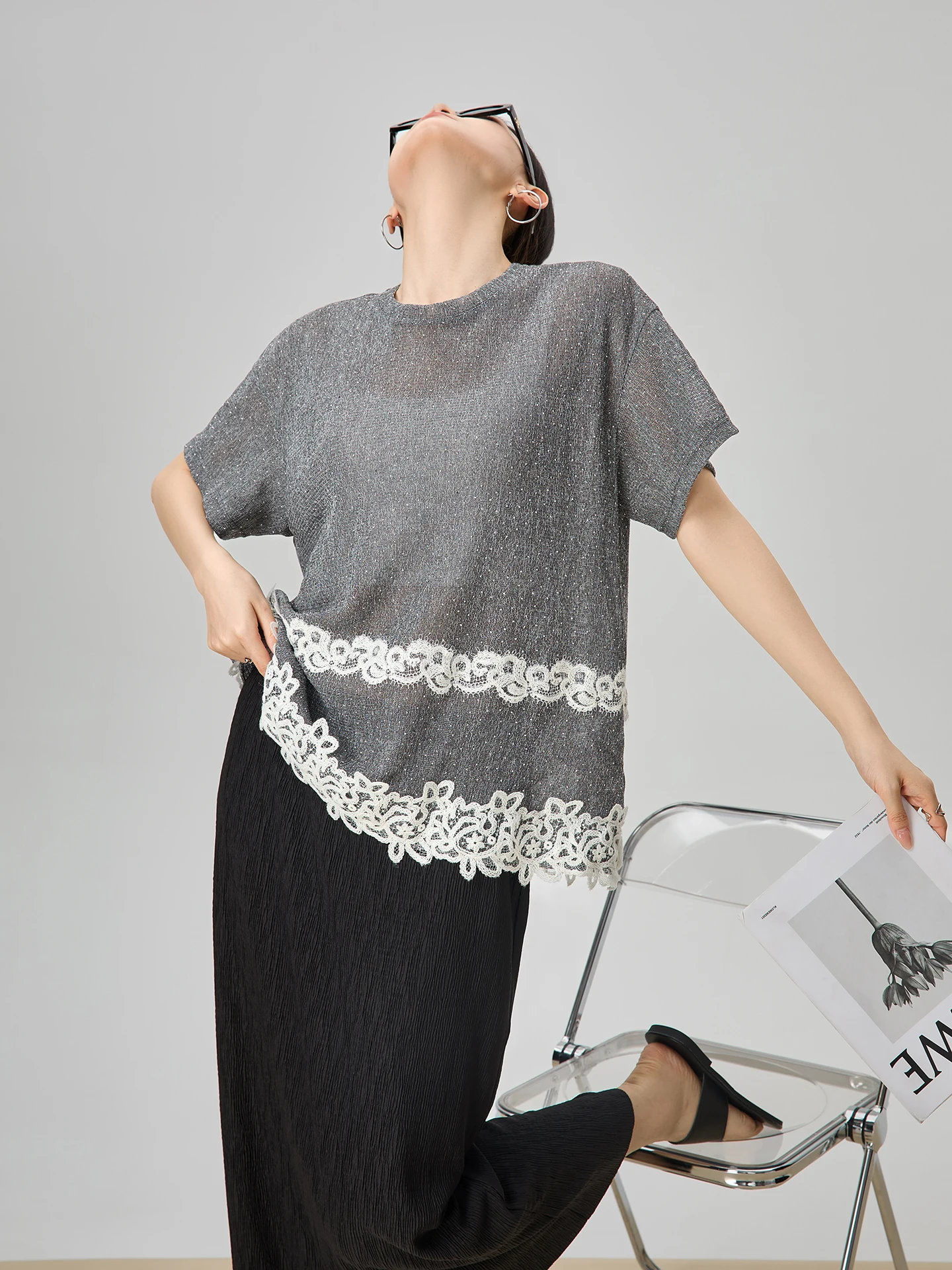 

ey Lace Splice ort Sve T-irt Women's Summer Ele Design Sensation Small ence Top Glittering Straight Korean S...