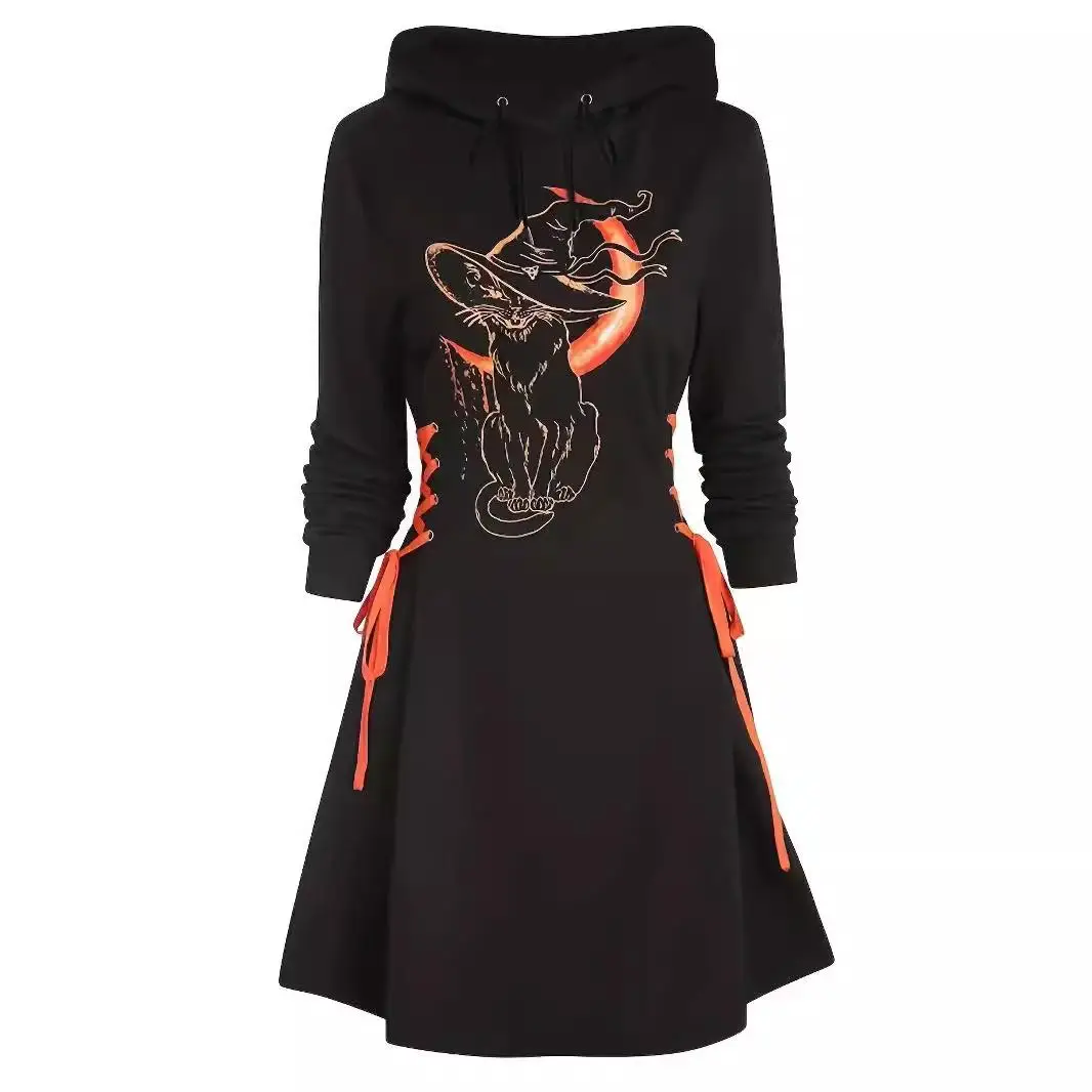

Long Printed Hooded Tied Dr lectual Sle Outdoor Busin Polyester Fiber Side Zipper Dr for plus Size Women