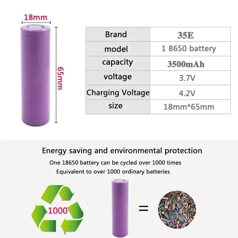 

New Original 18650 Battery 35e 3.7V 3500Mah Discharge 18650 Li-Ion Battery 3.7V INR18650 Rechargeable Battery For Flashlight