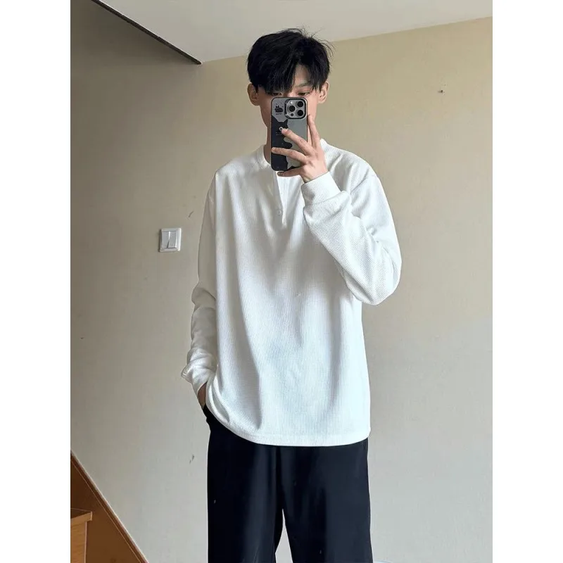 Spring Autumn Men's Waffle Long Sleeve Henry's Collar Casual Undershirts American Vintage Washed Loose Shirts Male Men's Tops