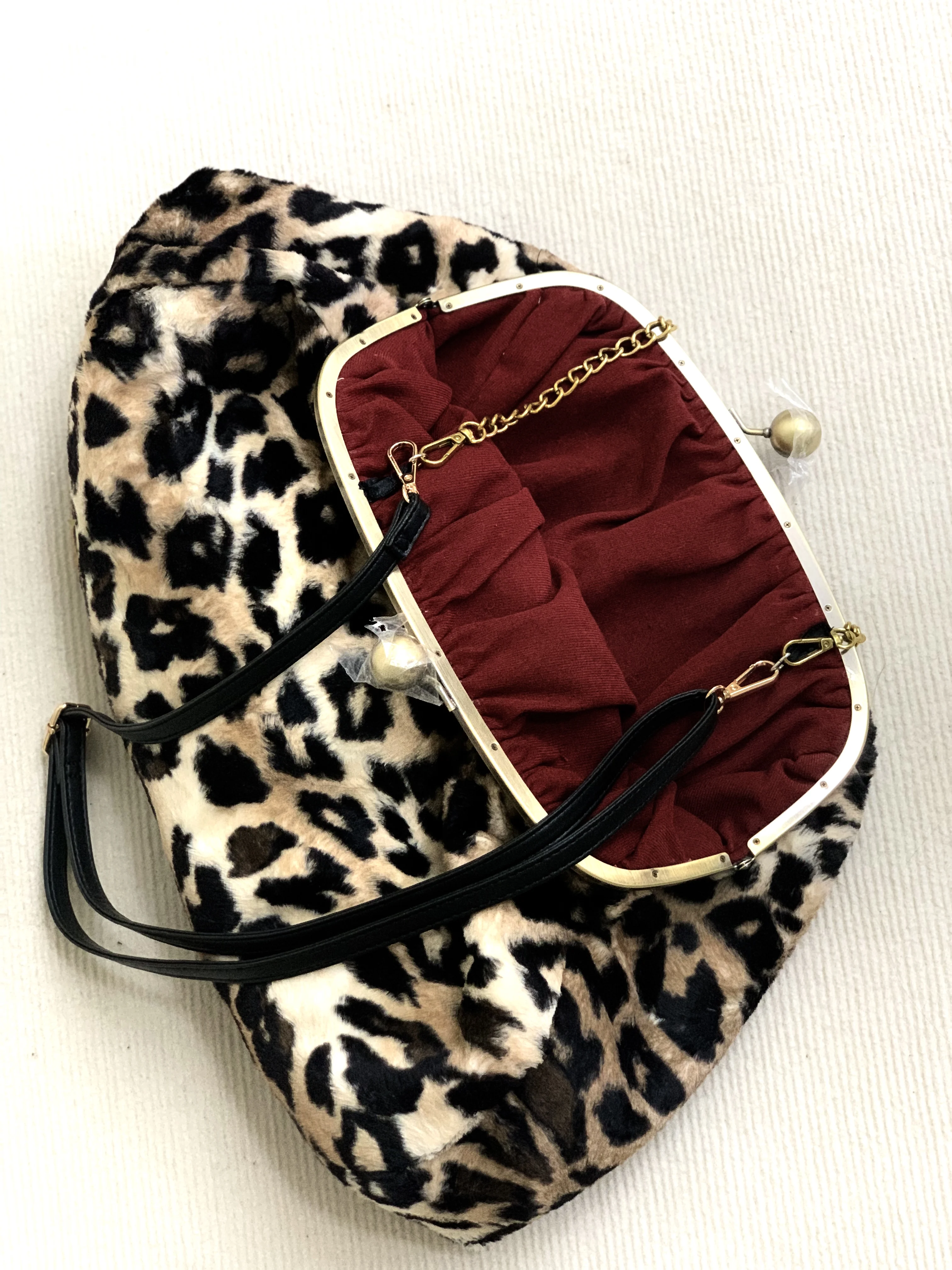 LOST IN VINTAGE Fur Leopard Print Animals Fabric Soft Smooth Owl Bag Balls Bronze Kiss-lock Large Purse Clutch Large 43x40x13cm view 6