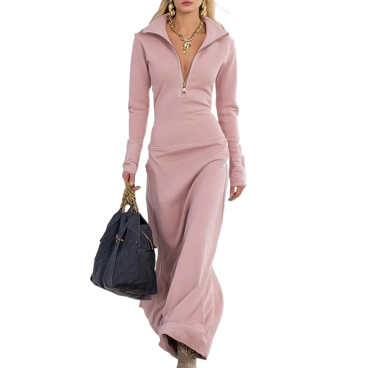 Roupas femininas transfronteiriças europeias e americanas com zíper gola polo outono e inverno vestido feminino fino de manga comprida