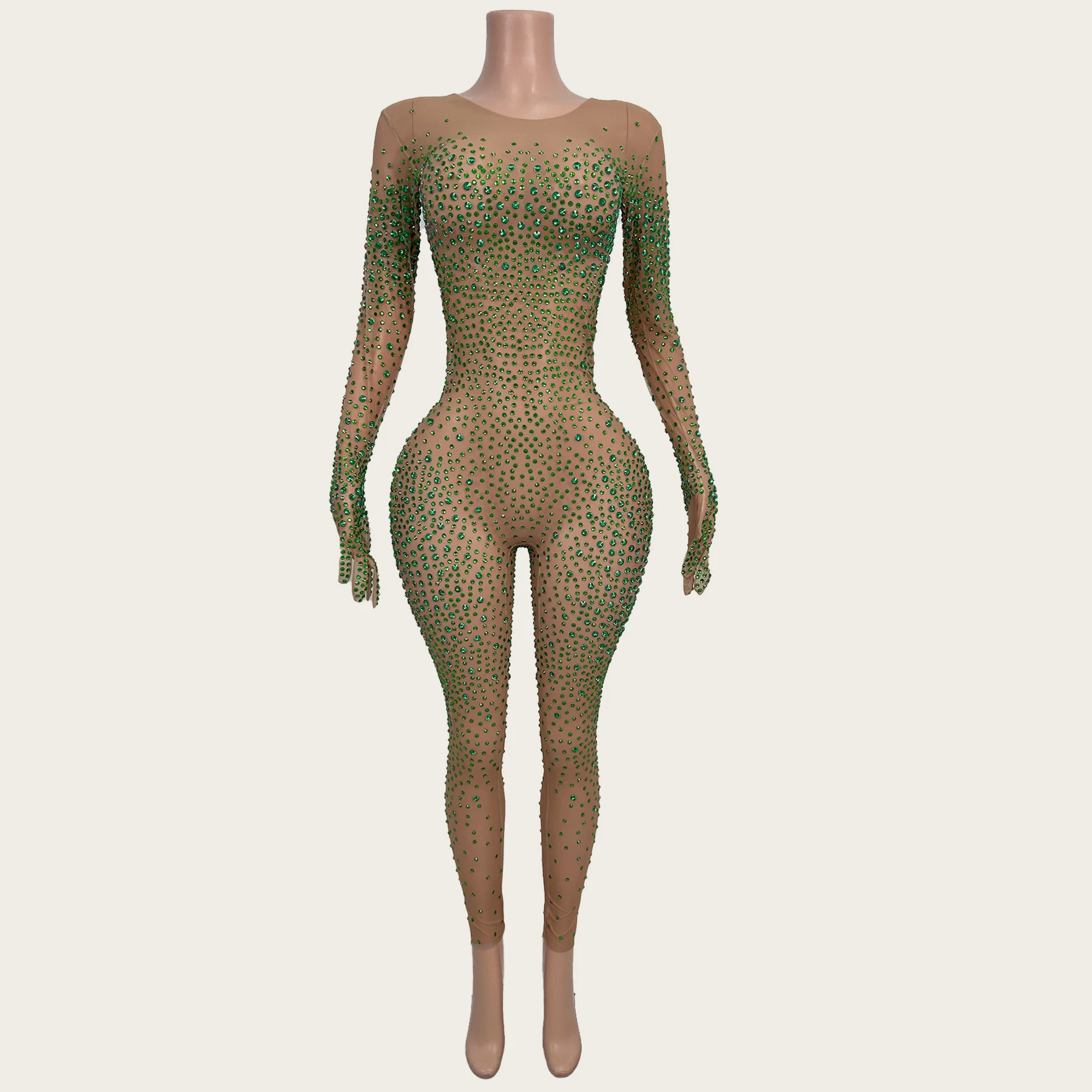 

Women Sparkly Rhinestone Tight Fitting Jumpsuit Sexy Showgirl See Through Mesh Outfit Night Party gig Stage Wear Tiaotiaotang