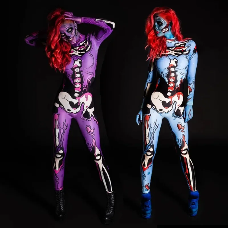 Halloween Party Maskerade Horror 3D Cosplay Kostuum Sexy Bodysuit Zentai Lady Hot Meisjes Vrouwen Skelet Print Jumpsuit Trainingspak