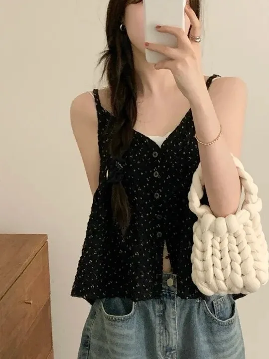 Summer Vintage Floral Print Loose Single Button Thin Women's Camisole Top Korean Style Regular Fit Spring Autumn Winter