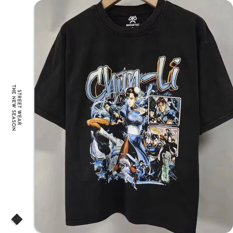 Chun Li Street Fighter T Shirt Pc Game RYU Akuma Vintage Washed Top Tees DTG Printing Short Sleeve Oversized T-shirt 100% Cotton