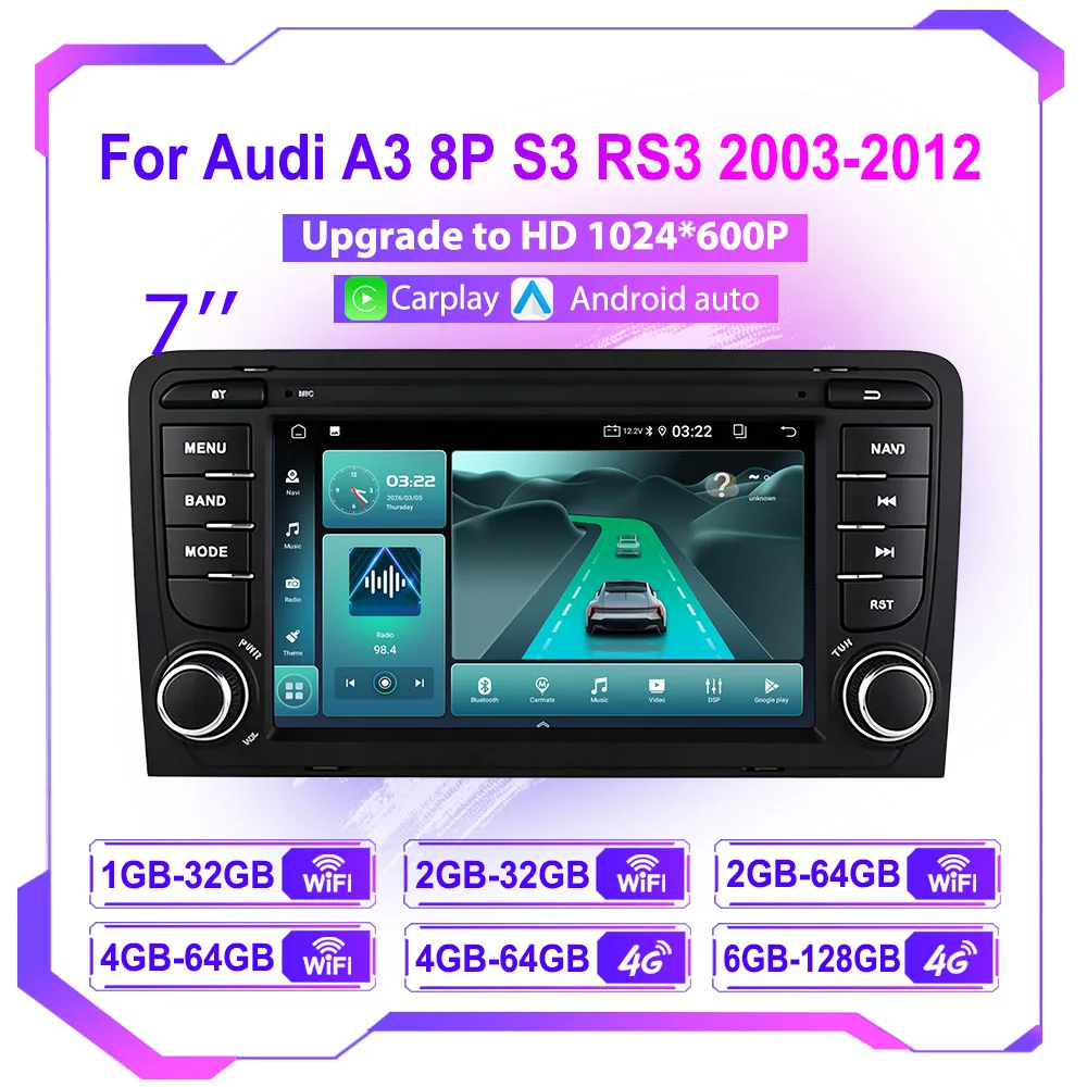 7 Inch Car Radio For Audi A3 8P 2003-2011 S3 RS3 Multimedia GPS Autoradio Player Wireless Carplay Android Auto Head Unit 2din