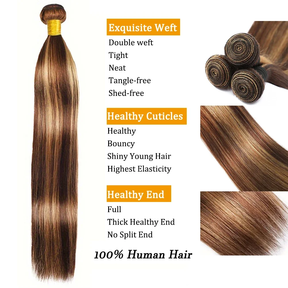 Ombre Human Hair Bundles P4/27 Highlight Straight Double Weft Extensions Honey Blonde Mixed Brown Color Hair Weave 1/3/4 Bundles