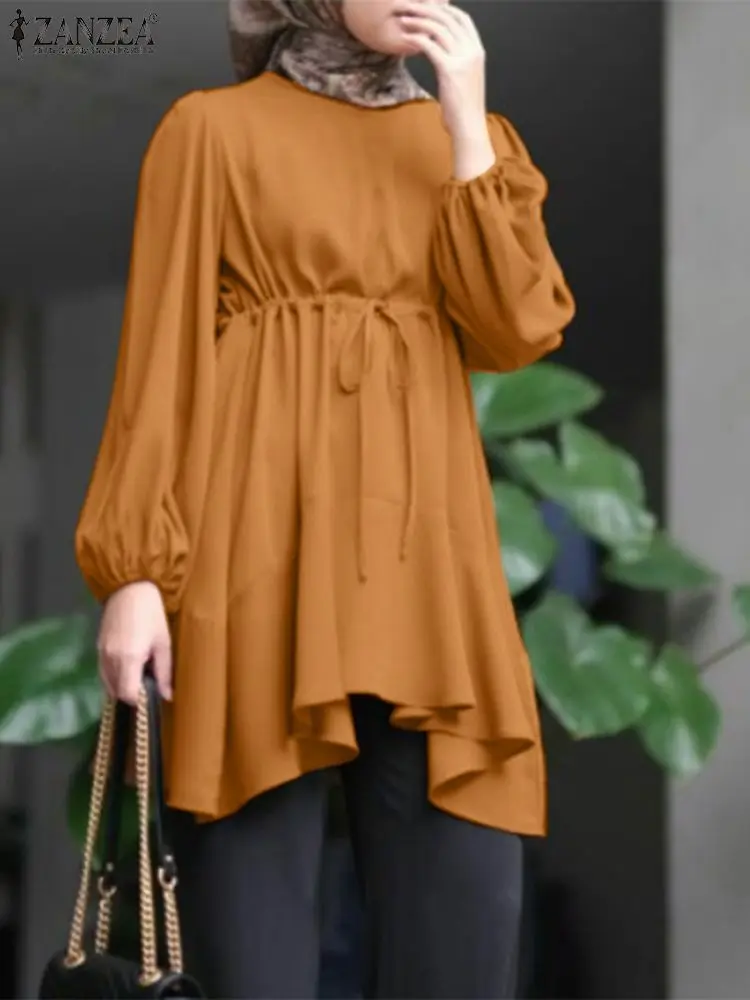

ZANZEA Fashion Women Long Sleeve Muslim Shirt Vintage Autumn Casual Solid Work Blouse Eid Mubarek Ramadan Blusas Lace Up Tops