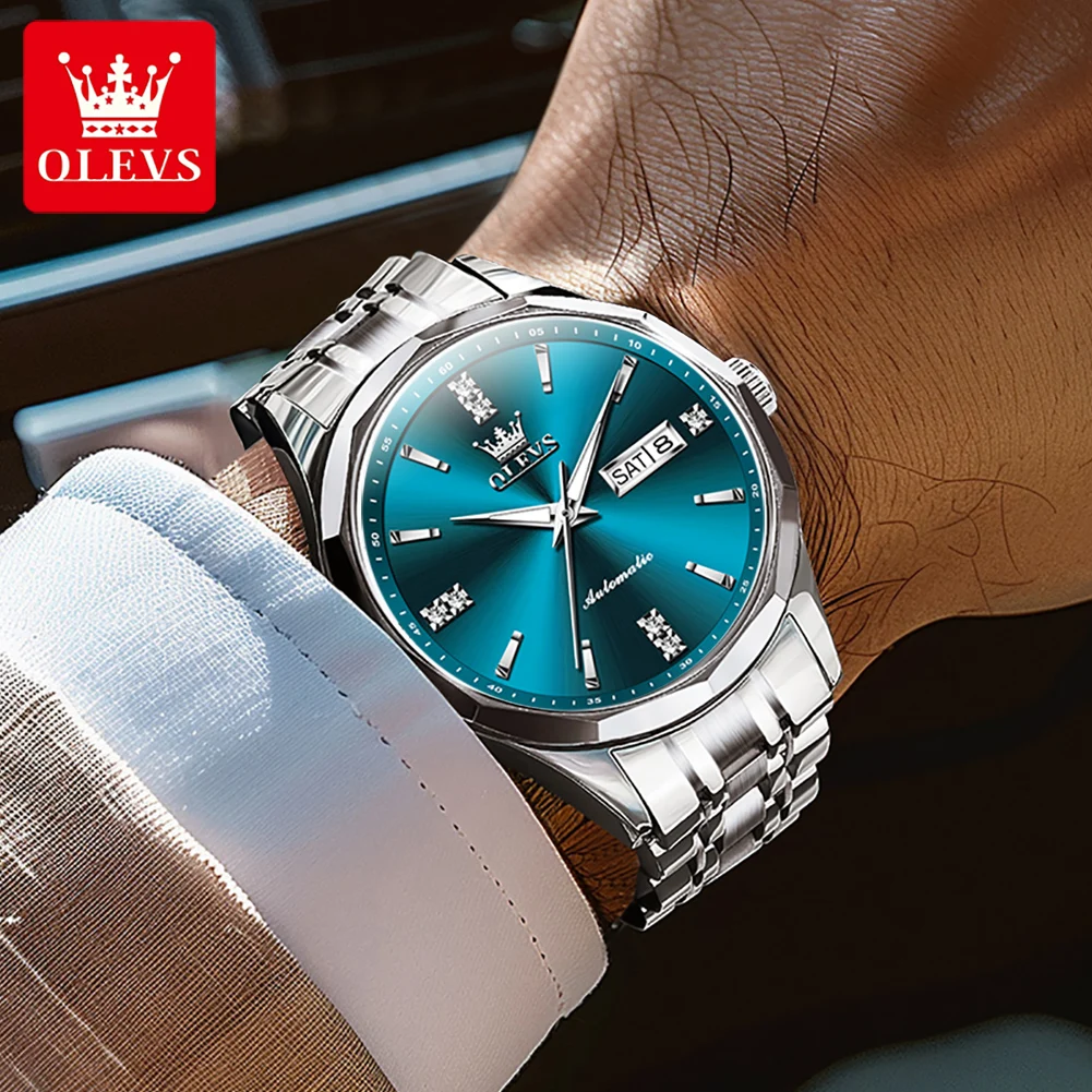 OLEVS Blue Automatic Mechanical Watch Men Waterproof Original Miyota Movement Calendar Sapphire Wristwatch Reloj Hombre