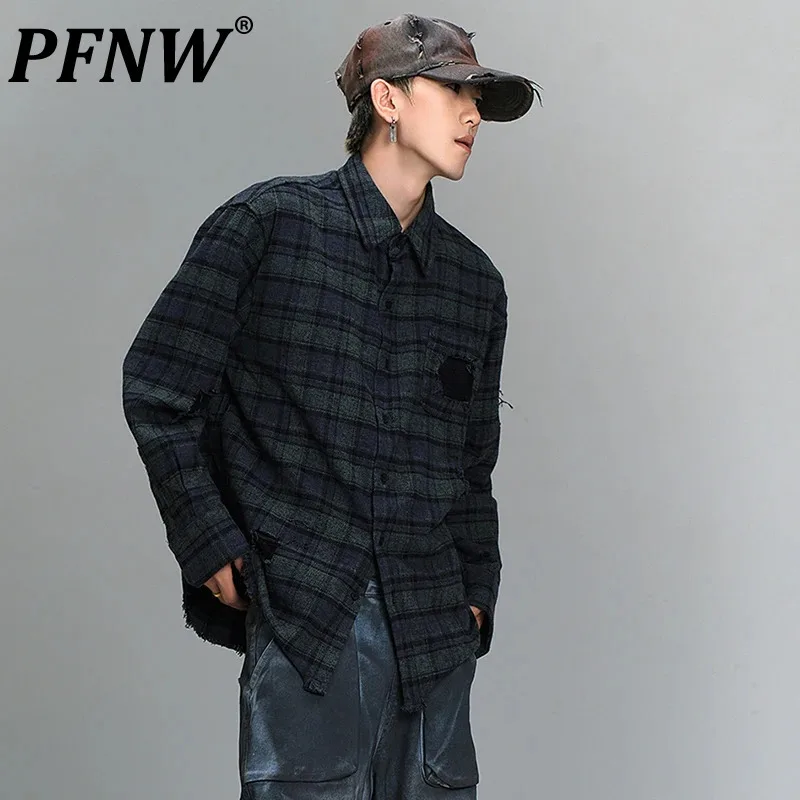 

PFNW Fake Two-piece Hole Spliced Design Plaid Shirt Men's Lapel Vintage Single Breasted Streetwear Casual Trend Tops Men 28W4723