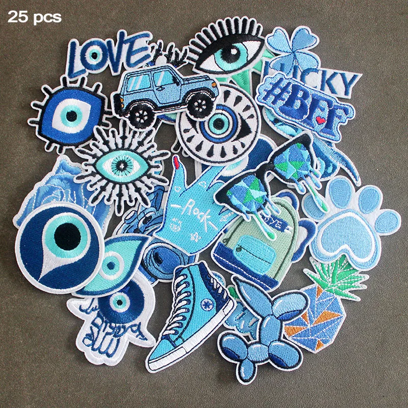 25pcs Mixed Cartoon Blue Patches Iron on For Cloth Eyes Knapsack Graffiti DIY Badges Embroidery Stripes Jackets Stickers