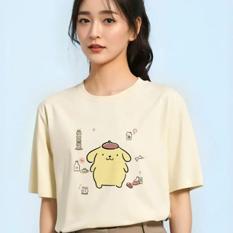 Sanrio Short Sleeved T-Shirt, Pompom Purins Girls' Summer Slimming Cartoon Cute Pure Cotton Loose Fitting Clothes Leisure Tops