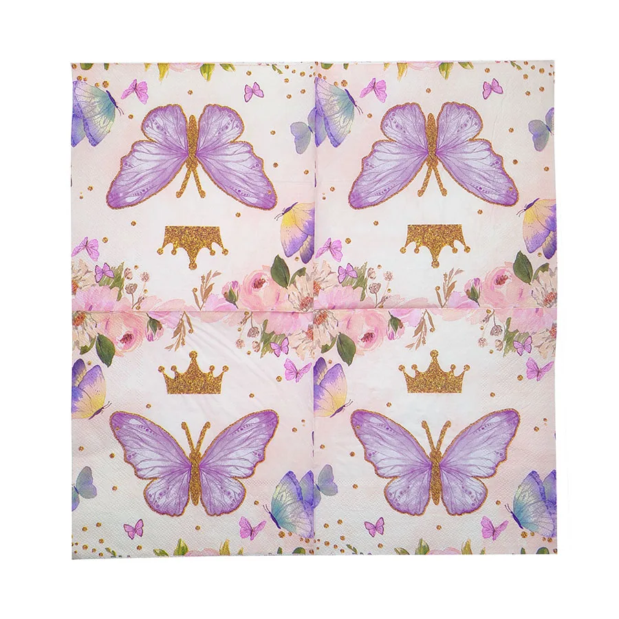 10/20 قطعة 33 سنتيمتر 2 طبقة الأرجواني فراشة الذهب تاج المطبوعة المناديل جو الحفلات الوردي ورقة DIY Decoupage ورقة #4