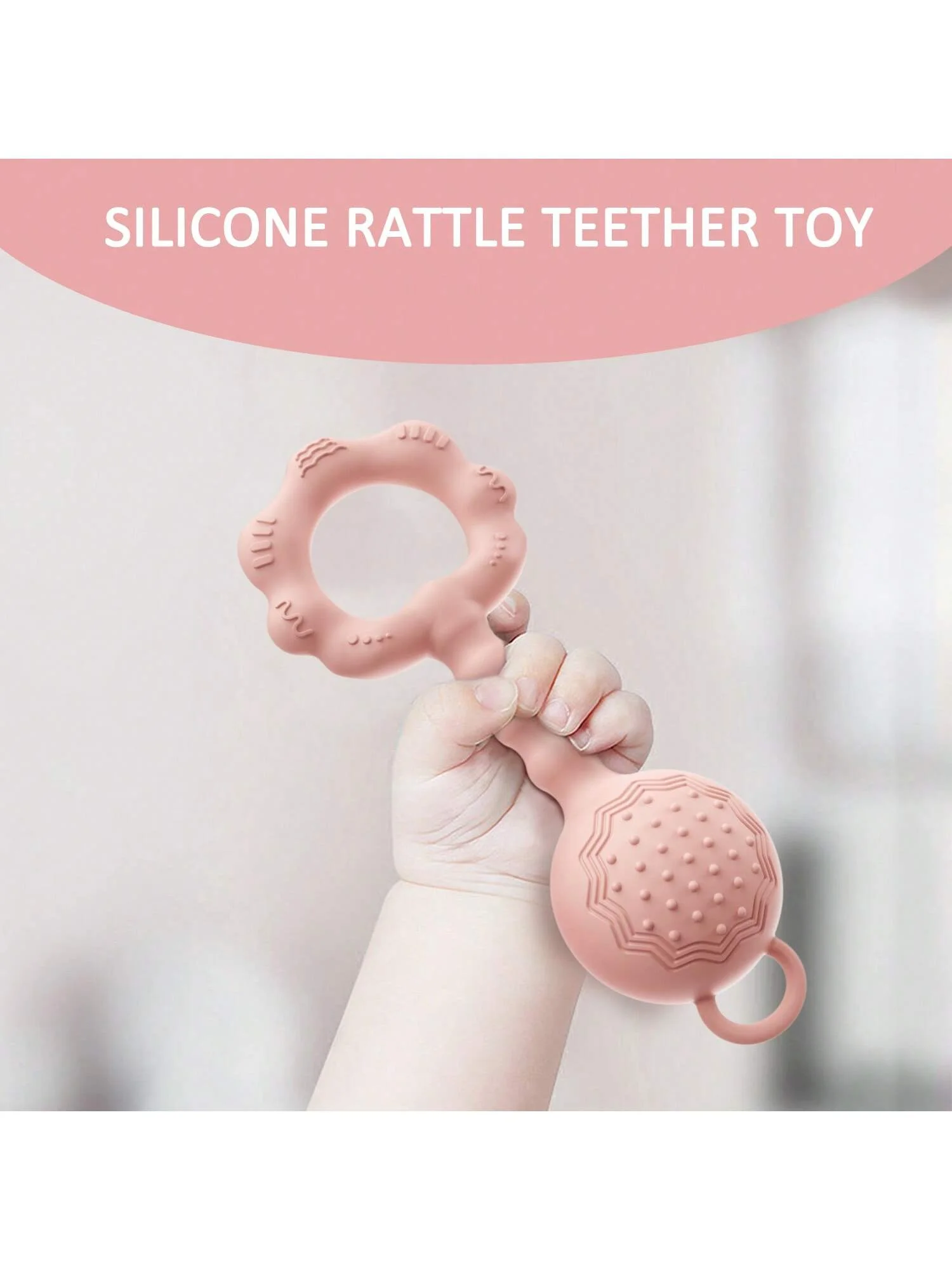 1 jouet hochet en silicone. Anneau de dentition apaisant pour bébés garçons et filles. Doux, sûr et parfait pour mâcher et réconforter.