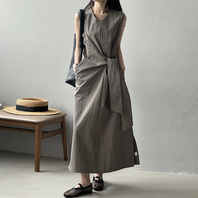 Johnature Casual Waist-cinching Strappy Sleeveless Korean Dress 2024 Summer New Design Tea Break French A-line Women Dresses