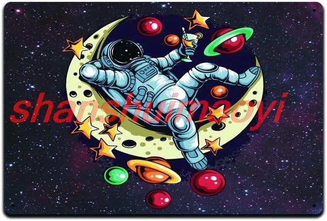 Astronaut Moon 12 X 8 Tin Metal Sign Décor Stones Flower Drinks Stars Psychedelic Mushroom TieDye Space Hippie Green Rainbo SHUI